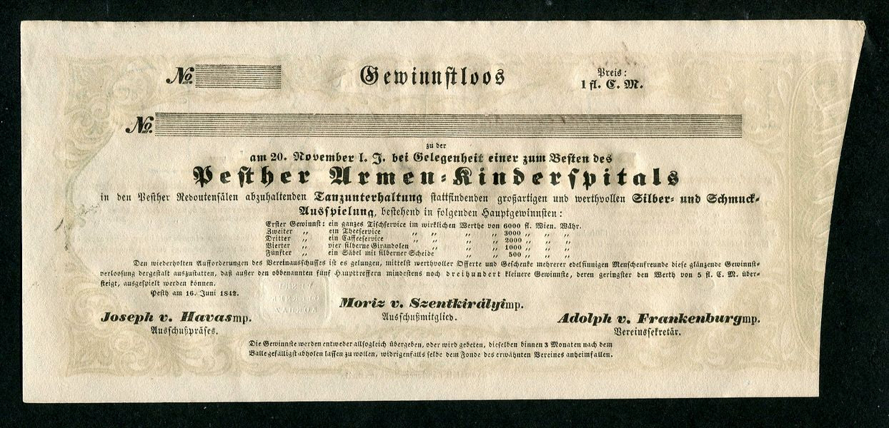 1842 Pesti gyermekkórház sorsjegy - vízjeles