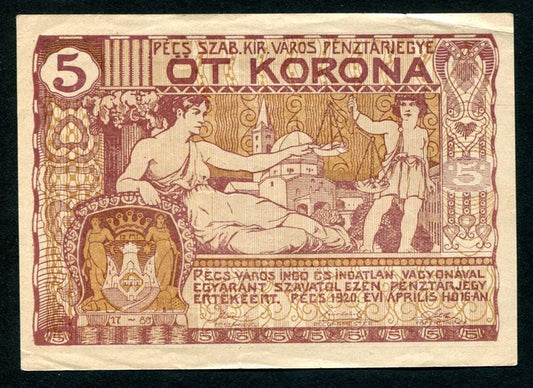 Pécs Pénztárjegy 1920 5 Korona